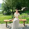 Top Francés de Volantes a un Hombro para Mujer, Nuevo Estilo de Verano Atuendo Suave, Falda Larga Blanca de Cintura Alta