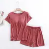 Conjunto de Pijama Corto de Manga Corta para Mujer de Modal con Almohadilla en el Pecho Taza de Cinco Dedos Talla Grande Sin Sujetador Manga Corta Suelta Pantalones Cortos Ropa de Casa