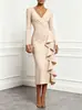 Sitio web independiente Wish Amazon Vestido midi de punto con cuello en V y manga larga, fruncido en la cintura, ajustado, bodycon, para fiesta