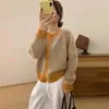Cárdigan de Punto Coreano de Estilo Nuevo para Primavera y Otoño, Color Bloque, Hilo Floral, Cuello Redondo, para Mujer, Suéter Abrigo Holgado y Suave