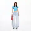Jeans de pierna ancha de tiro alto con diseño de botón trasero, color Naranja Juvenil, corte curvo para mujer, corte holgado, adelgazante, únicos y versátiles, pantalones de longitud hasta el suelo