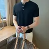 Camiseta de Verão de Manga Curta com Botões Estilo Harajuku Tricotada Padrão Favo de Mel Leve Respirável Casual Pulôver Retrô Top Masculino