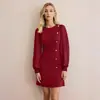 Primavera Antecipada 2025 Estação Independente da Amazon Estação Transfronteiriça Feminino Gola Redonda Fivela de Unha Ajuste ao Corpo Emagrecedor Manga Longa Cor Sólida vestido