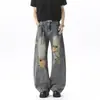 Jeans de Verano para Hombre Estilo Callejero Retro Americano Desgastado Lavado Sueltos de Pierna Ancha con Agujeros de Corte Curvo Únicos