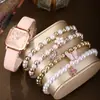 2025 Temperamento Versátil Reloj Cuadrado de Cuarzo con Patrón de Mariposa Retro para Mujer Set de Pulsera de Perlas y Mariposas