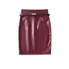 Saia Lápis Sexy em Couro PU Laqueado Estilo Irmã Real para Mulheres no Outono e Inverno com Decoração de Cinto, Saia de Cintura Alta para Meninas Estilosas