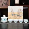 Porcelana Blanca Dehua 1 Gaiwan 4 Tazas Gongfu Juego de Té Hogareño Cerámica Tazas para Preparar Té Gaiwan Caja de Regalo Juego Regalos de Festival