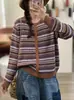 Otoño 2026 Nuevo Transfronterizo Vintage Holgado Rayas Cuello Redondo Versátil Casual Top Chaqueta Cardigan Tejida para Mujer