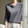 Camiseta de Algodão Sedoso com Decote V de Três Quartos, Nova Coleção Primavera e Outono 2025 para Mulheres, Estilo Casual Solto, Camiseta Base Versátil de Algodão