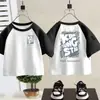 Camiseta de algodón puro para niños, manga corta, bloques de color 2026 verano, unisex, versátil, moderna, bloques de color, raglán, manga media, camiseta básica
