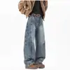 Jeans anchos lavados con efecto desgastado para hombre, pantalones casuales versátiles de corte holgado estilo retro, modernos para el trabajo y la moda