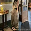 Calça esportiva cinza-esverdeada de cadarço para mulheres, estilo outono, cintura alta, modelagem que afina, solta, casual, ideal para baixinhas, calça de perna larga estilo relaxado