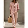 Nuevo conjunto de dos piezas para mujer de comercio exterior transfronterizo, estilo europeo y americano casual, con volantes, manga tres cuartos, botones y cuello en V, top y pantalones largos