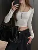 Camiseta Cuadrada de Algodón Puro con Hombro Derecho de Manga Larga para Mujer, Nueva de Principios de Otoño, Top Interior Ajustado, Camiseta Base Sexy Corta