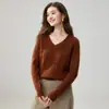 Suéter de punto de cachemir con trenzas y cuello en V simple para mujer Otoño Invierno Holgado Versátil Adelgazante Agradable al tacto Cálido Top de punto