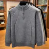Suéter de punto para hombre con cremallera y cuello medio alto para otoño e invierno, tejido jacquard retro juvenil, suéter casual versátil de color liso