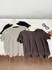 Camiseta de Manga Corta con Cuello en U de Color Sólido, Costura Trasera, de Tencel + Lino para Mujer, Estilo Nuevo, Fresca y con Caída, Top Holgado y Versátil para Mujer