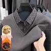 Camiseta Falsa de Dos Piezas para Hombre, Camisa con Cuello Forrada de Polar para Otoño e Invierno, Diseño de Bloques de Color, Suéter de Punto Engrosado y Cálido para Hombre
