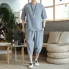 Traje de camiseta de manga corta de algodón y lino Conjunto de dos piezas de lino de verano Estilo japonés retro estilo chino de moda Marca Pantalones cortos holgados recortados