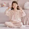 Pijama de Algodón Nube para Niñas, Primavera, Verano, Otoño 2026, Tallas Pequeña, Mediana y Grande, Cuello Redondo, Manga Larga, Conjunto de Ropa de Casa con Dibujos Animados para Usar al Aire Libre