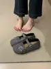 Sapatos Birkenstock de Lã Cinza com Solado Grosso Feminino 2026 Outono/Inverno Novos Sapatos de Salto Único Mary Jane Mocassins Sapatos Peludos