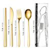 Venta caliente transfronteriza 304 acero inoxidable cuchillo, tenedor, cuchara, palillos traje de vajilla bolsa de PVC conveniente juego de cuatro piezas de vajilla portuguesa
