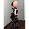 Vestido Preto Floral Pequeno de Manga Voadora Estilo Francês Transfronteiriço para Mulheres Verão Estilo Coreano Novo Estilo Lindo Longo Justo ao Corpo