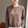 Cardigã feminino curto 100% lã pura, hipoalergênico, com decote redondo, perfeito para sobreposição, mangas compridas e design simples