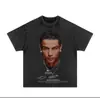 Camiseta Deportiva Pesada de Manga Corta Estilo Americano con Cuello Pequeño Retro Lavado Hip-Hop de Cristiano Ronaldo