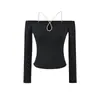 Camiseta Sexy de Hombros Descubiertos con Corte y Cuello Halter de Manga Larga, Nuevo Estilo de Primavera Ajustada Corta para Chicas Atrevidas