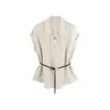 Ropa de mujer transfronteriza al por mayor súper vendida de verano, estilo relajado, solapa, cuello en V, atada a la cintura, versátil, camisa de manga corta