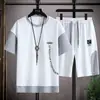 Traje deportivo de punto gofre para hombre, camiseta fina de verano holgada, pantalones cortos casuales de manga corta, conjunto de hombre, combinación elegante