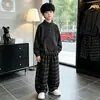 Conjunto de Moletom Masculino Fashionável com Gola Alta Outono 2026 Conjunto de Duas Peças Calça Xadrez Solta Estilo Coreano Tendência para Crianças Primavera e Outono