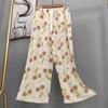 Pantalones de pijama de algodón y seda para mujer, estilo fino de verano, talla grande, pantalones de pierna ancha de cintura alta, adecuados para usar en exteriores, pantalones de playa de seda de algodón artificial, pantalones para casa
