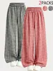 Pantalones de cuadros de pierna ancha para niñas de verano, un conjunto de dos, con cintura elástica, estampado de cuadros retro, ligeros, de pierna recta, pantalones largos casuales, modernos