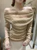 AS OFFICIAL Blusa de Otoño para Mujer Estilo Coreano Perlado Brillante Lunares Plisada Falso Dos Piezas Hombros Descubiertos Manga Larga 28918