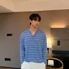 Directo del fabricante: Camiseta de punto de manga larga a rayas para hombre, de estilo americano moderno y corte relajado, un top versátil y casual estilo Henley