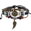 Joias Transfronteiriças de Novo Estilo Europeias e Americanas, Pulseira de Couro Multicamadas Personalizada Feita à Mão com Contas, Pulseira Ajustável com Pingente de Pena