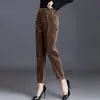 Calça Harem Feminina de Veludo Cotelê para Outono e Inverno, Roupa Externa, Calça Feminina de Veludo Cotelê Cenoura Solta de Cintura Alta