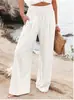 Pantalones de pierna ancha de cintura alta para mujer, pantalones largos casuales sueltos finos de verano, pantalones de estilo playero para vacaciones de color liso con estampado
