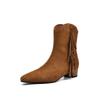 Botas vaqueras occidentales con borlas muy artísticas otoño e invierno 2024 tacón grueso piel de vaca terciopelo punta redonda pequeña botas cortas de cuero para mujer