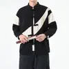 Camisa Jacket Casual Talla Grande Primavera y Otoño Estilo Chino Pana Traje Tang Camisa Manga Larga Hombre Botón de Rana Patchwork Bloques de Color