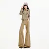 Traje de mezclilla transfronterizo, chaqueta para mujer, ligeramente acampanada, estilo retro americano, chaqueta caqui, pantalones largos color café y marrón, longitud extendida color café y marrón