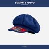 Gorra Octagonal de Mezclilla Azul Estilo Japonés Retro con Costuras de Patrón a Cuadros Ala para Mujer Casual Combinable Beret que Afina el Rostro Trendy