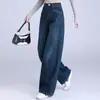 Jeans Retro com Bainha Curva para Mulheres, Novo Estilo Outono 2026, Costura Contrastante, Emagrecedor, Tamanho Grande, Calças Largas Retas Soltas