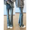 Pantalones de pierna ancha azul con abertura para chica gordita talla grande 2025 para mujer, primavera y verano, holgados, adelgazantes, elásticos, sin costura en la pierna, acampanados