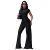 11026 Moda Europeia e Americana da Amazon Conjunto Feminino de Cor Sólida com Gola Alta, Plissado, Slim-Fit, Top e Calça Flare