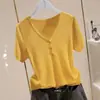 Top de Malha Color Sólida de Verão Novo com Manga Curta Slim Fit Tendência Versátil Moda Camiseta Fina para Mulheres