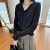Nuevo top de punto para mujer, otoño e invierno, corte slim, de un solo botón, cuello semibierto, camiseta de manga larga con cuello redondo, top versátil estilo coreano