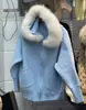 Otoño e Invierno Nuevo Estilo Sudadera de Punto con Capucha y Cuello Grande de Piel Cardigan para Mujer Estilo Perezoso Casual Pantalones de Color Sólido con Doble Bolsillo de Solapa Chaqueta Holgada
